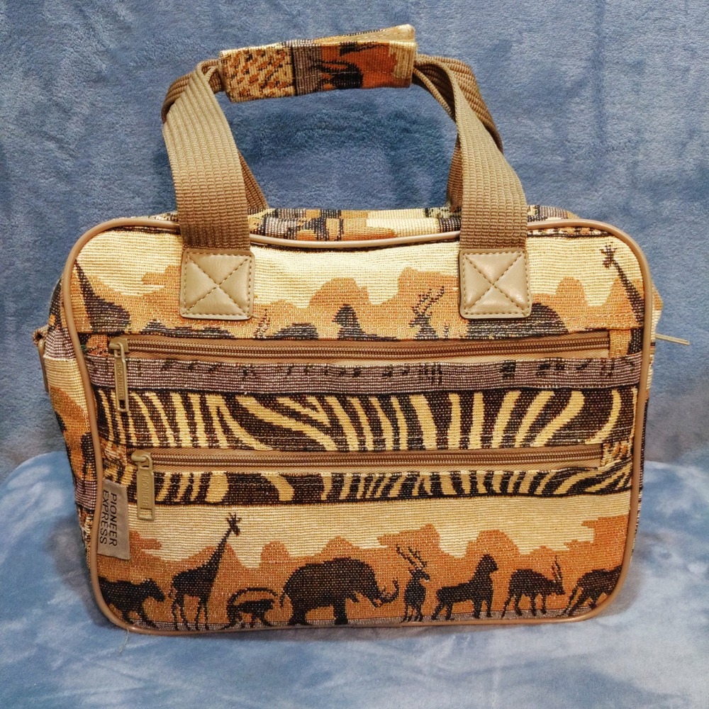 Vtg Pioneer Express Safari Tapestry Travel Bag Animal Print Woven Tote Carry On